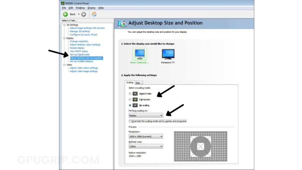 Adjust desktop size and position